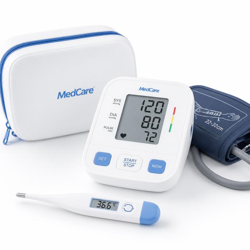 Diagnostic medical tools including blood pressure monitor and thermometer